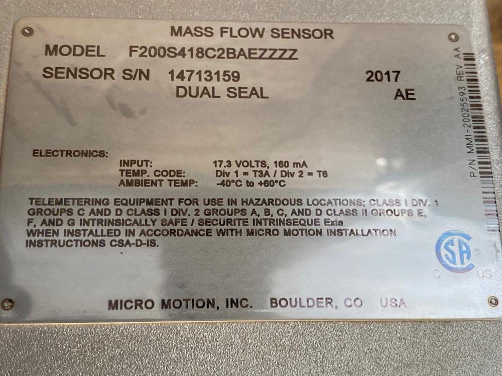 Micro Motion 2" x 1-1/2" 150# 316 Stainless Flow Meter F200S418C2BAEZZZZ (E)